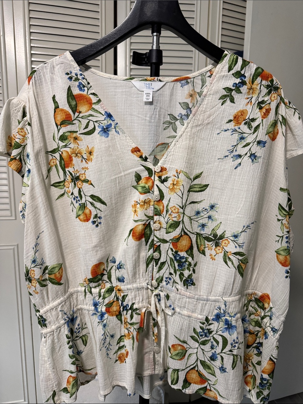 Time and Tru Cream Floral & Orange Print V-Neck Tie-Waist Blouse
